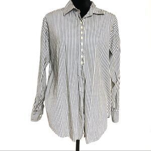 Dockers Blouse Button Down Blue Tan Striped Button Cuffs Collared Medium